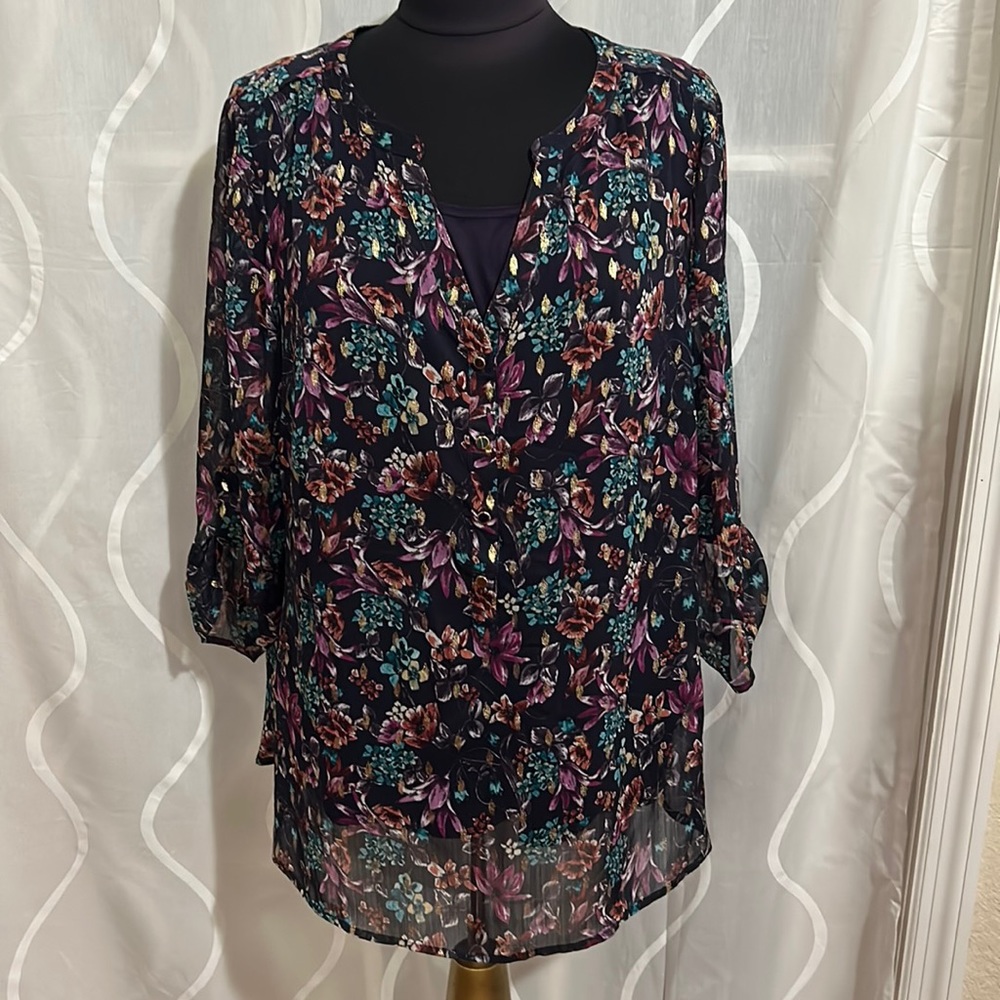 Sara Michelle 2 Piece Purple Floral Print Top, Size 1X